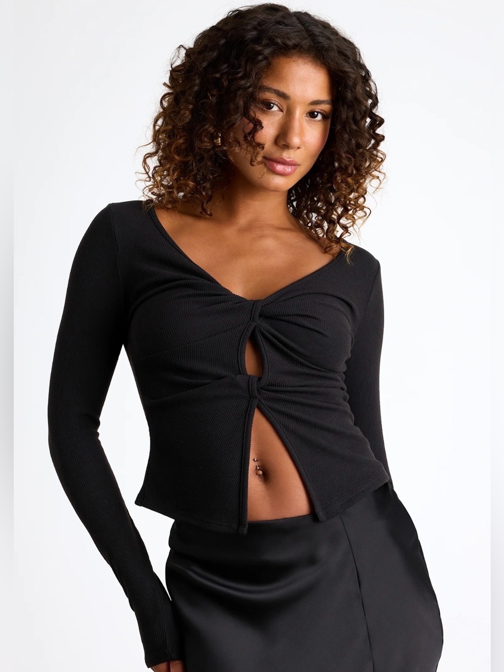 Lulus Lumirah Black Ribbed Knot Front Cutout Top